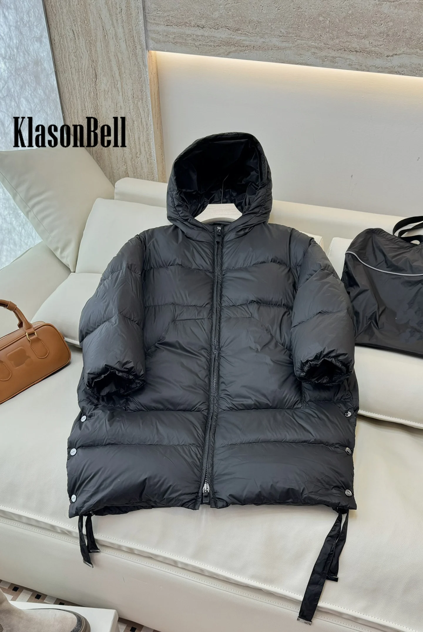 10.11 KlasonBell Women\'s 2024 Autumn Winter New Hooded Goose Down Keep Warm Jacket Side Split Button Lace-up Mid-Length Coat