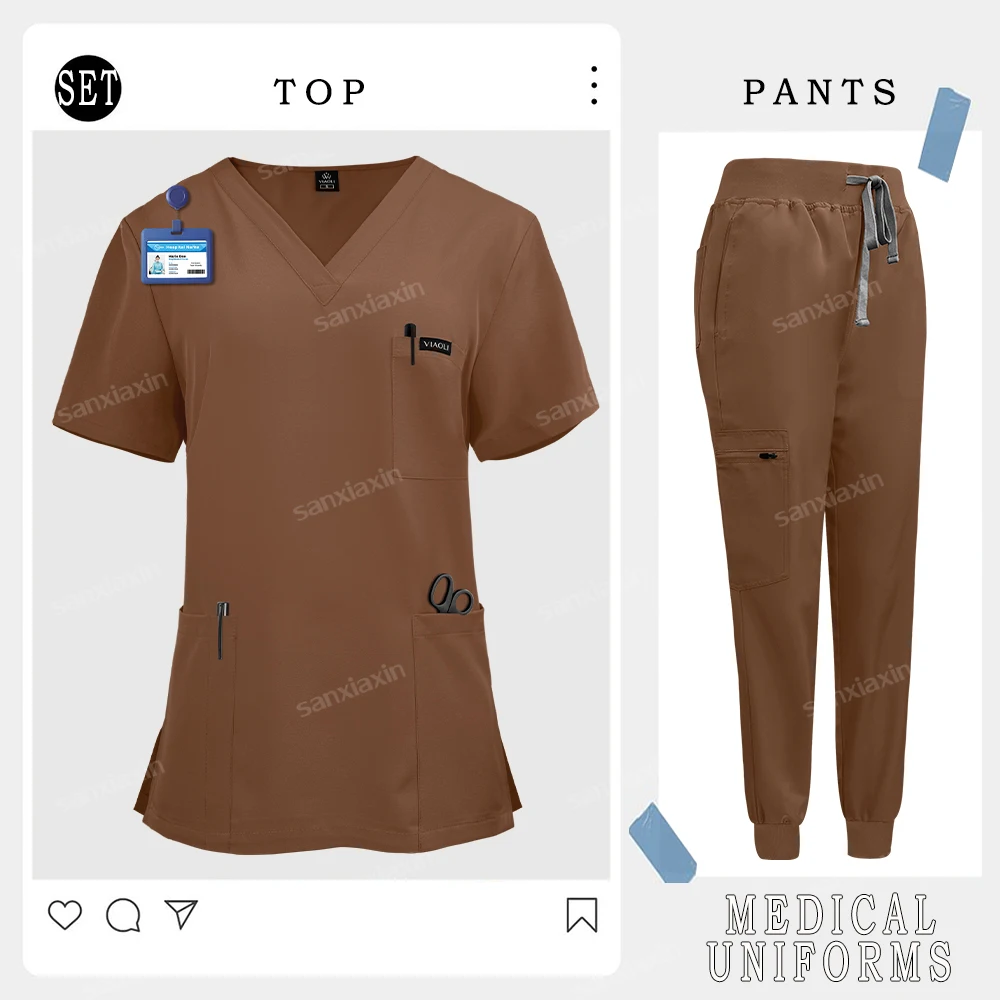 Mangas curtas com decote em v uniformes hospitalares unissex uniforme de enfermeira conjunto médico esfrega cirúrgica uniforme de enfermagem conjunto jogger