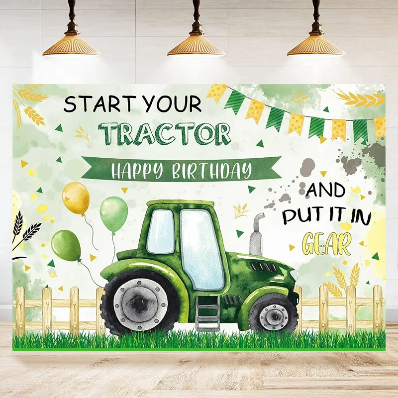 Green Farm Tractor Gear Balloon Fence Wheat Birthday Photography Backdrop Start Tractor Background Party Decoration Banner