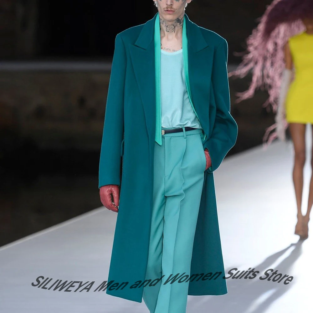 

Glamorous Men's Pants Set 2Piece(Overcoat+Mint Green Pants) Suit Set Peaked Lapel Long Jacket Formal Casual Evening Outfit