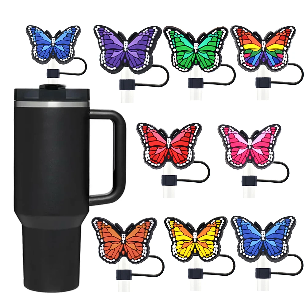 1-8PCS Cartoon Butterfly Straw Cover Cap 10MM Drink Straw Plug Reusable Splash Proof Drinking Fit Cup Straw Cap Charms Pendant