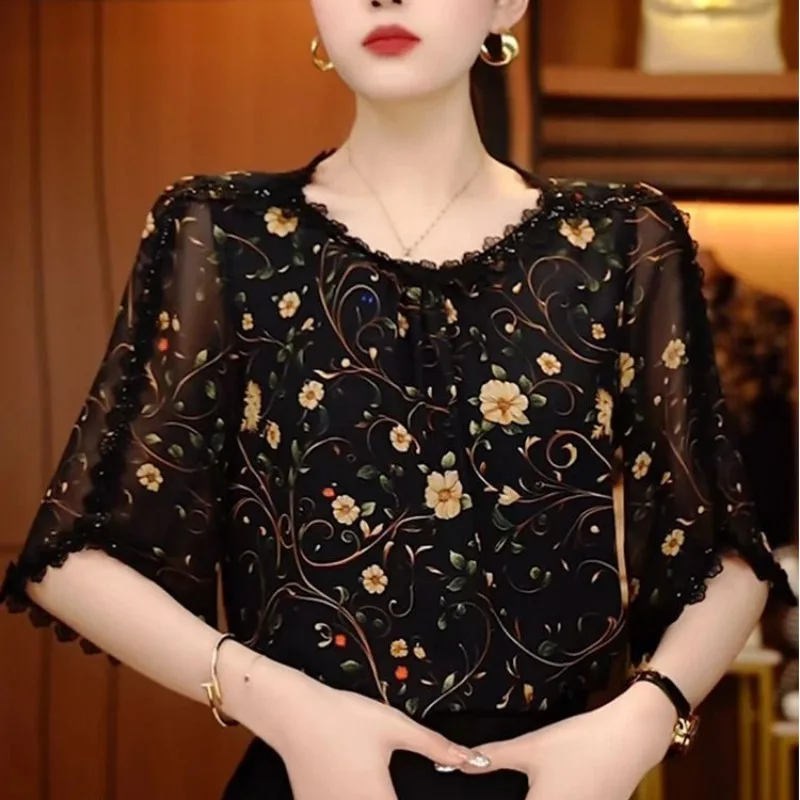 Floral Chiffon Blouse Women Loose Fit Sunscreen Top Summer Casual Flowy Shirt M… - Image 5