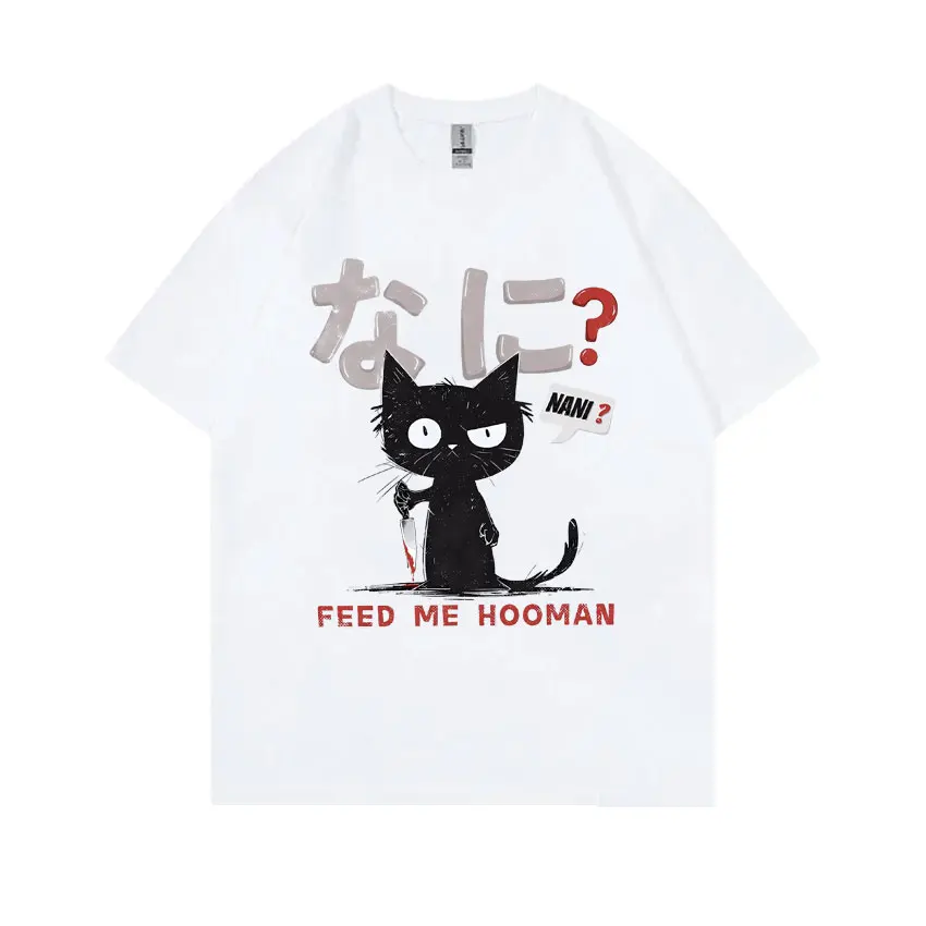 

Japanese Vintage Black Cat Graphic T Shirt Nani Feed Me Hooman Japan Funny Meme Tshirt Men Women Manga Casual Oversized T-shirt