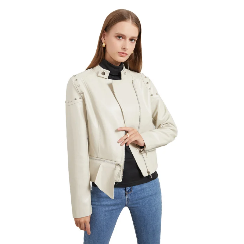 

New Style Rivet Fashion Stand Collar Leather Jacket for Women Solid Color Jacket Women's Spring and Autumn Coat Women's Rivet Le