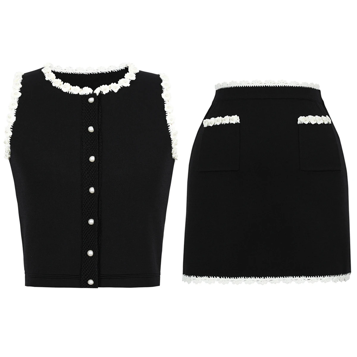 High Quality Elastic Knitted New Fashion Luxury Handmade Flower Pearl Sleeveless Cardigan Slim Fit Short Skirt Women's Set