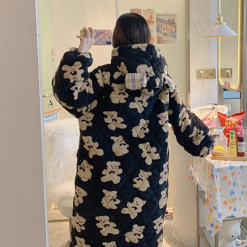 Winter Long Home Robe For Women Little Bear Printing Thick Coral Fleece Bath Robe Hoodie Pajamas Homewear Sleepwear Cute Kawaii