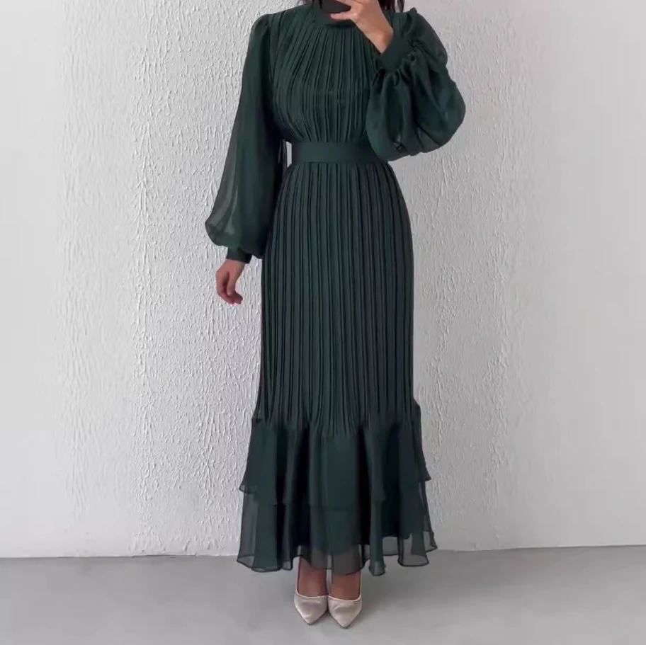 

Women's Elegant Dress 2024 Autumn Winter Latest Mesh Splicing Folded Lotus Leaf Pendulum Maxi Dress Lantern Sleeve Long Skirt