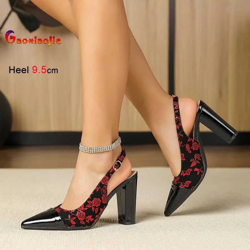 

Модные женские туфли-сандалии 9,5 см для внешней торговли, с острым носком, неглубоким вырезом, открытой пяткой, на толстом каблуке