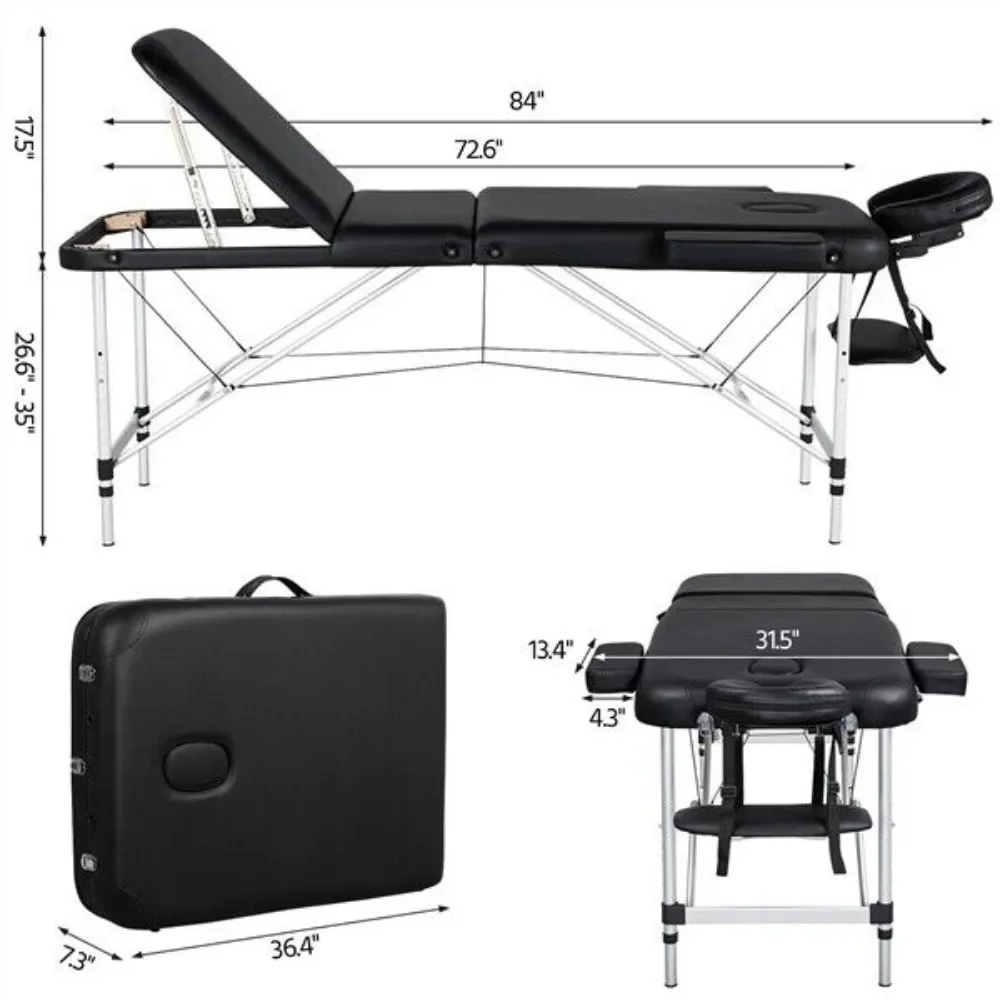 Table de massage professionnelle en aluminium, lit d'arrimage Portable réglable, 3 pliages