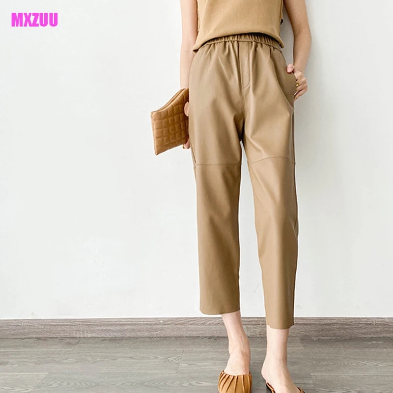 

Khaki/Beige Leather Pants Autumn Winter Elastic Waist Oblique Pocket Casual Simple Versatile Real Sheepskin Ankle-Length Trouser