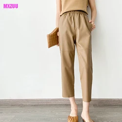 Khaki/Beige Leather Pants Autumn Winter Elastic Waist Oblique Pocket Casual Simple Versatile Real Sheepskin Ankle-Length Trouser
