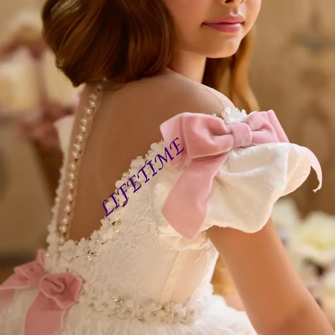 Customized Charming Pearls 3D Flower A-line Lace Dress Pink Bow Floor-length Princess Gown for Girls Party Stage Performance