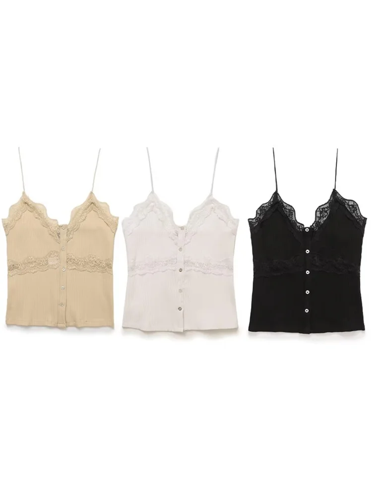 Zevity Women Sexy Lace Stitching Ribbed Slim Sling Short Blouse Female Chic Single Breasted Vest Shirt Blusas Crop Tops LS6256