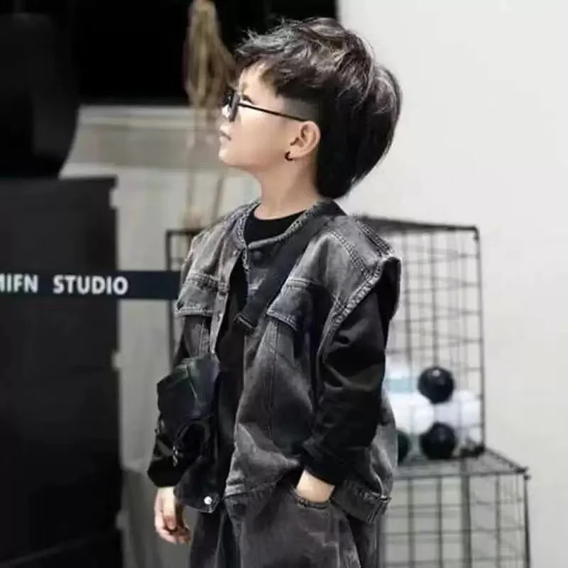 2-9 Yrs Children\'s Clothing 2026 girl Spring Autumn Boys New Korean Retro Sleeveless Denim Vest and Jeans Loose Two-piece Set