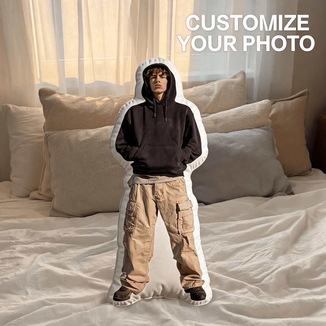 Custom Full Body Photo Shaped Pillow, Personalized Picture of Man in Black Hoodie & Beige Cargo Pants, Large Decor Girlfriend