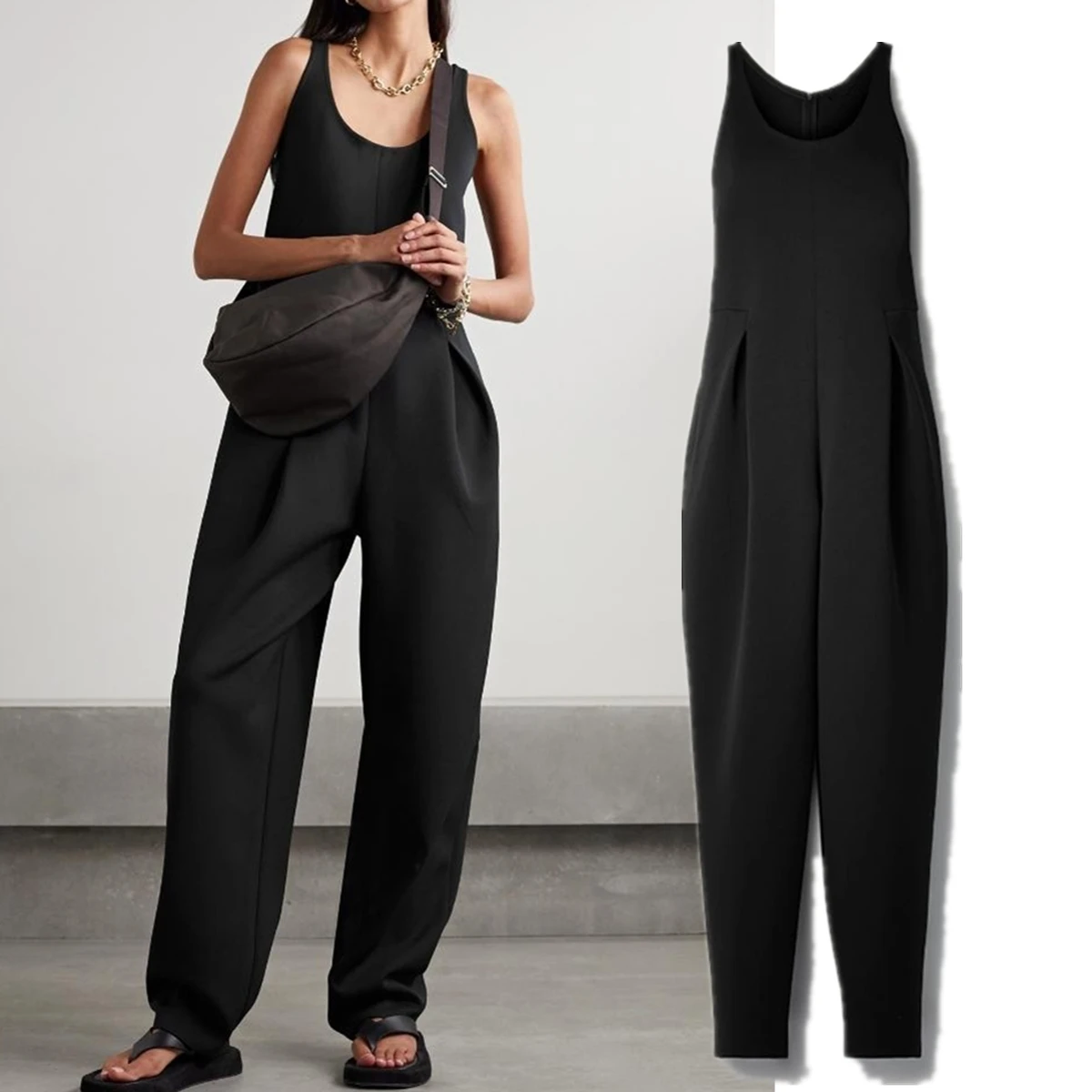 

Maxdutti Tank Overalls For Women Woman Clothing Triacetate Fiber Black Jumpsuit Women's Stretch Plain Weave Wide Leg Jumpsuit