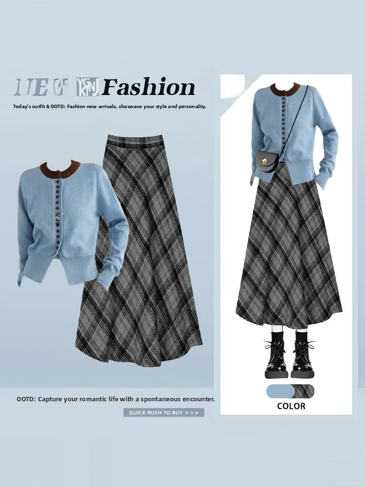 Herfst Winter Gebreide ronde Ne Open Vest Hoge Taille Geruite Rok Set voor plus Size Vrouwen Kleur Blo Faion Ensemble