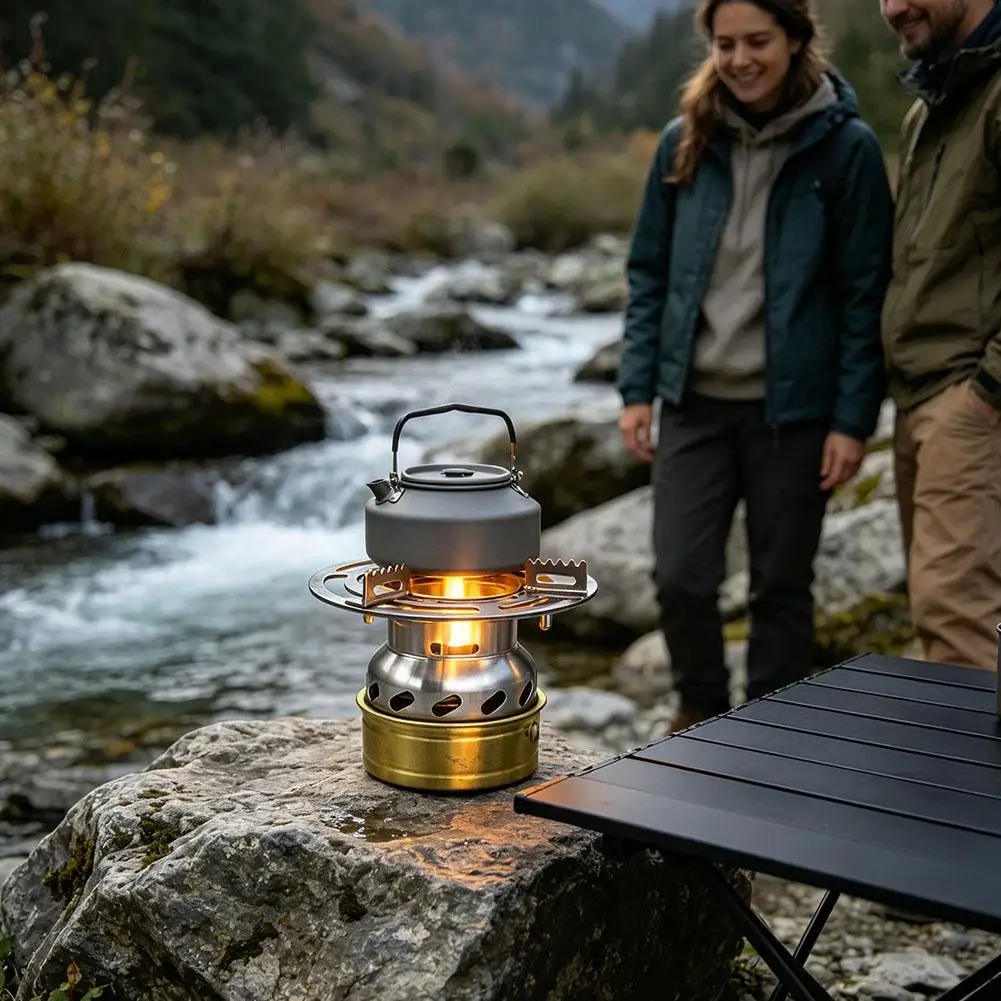 Outdoor Portable Stainless Alcohol Stove Set Aluminum Burner with Foldable Handles For Camping Hiking Backpacking Survival view 3