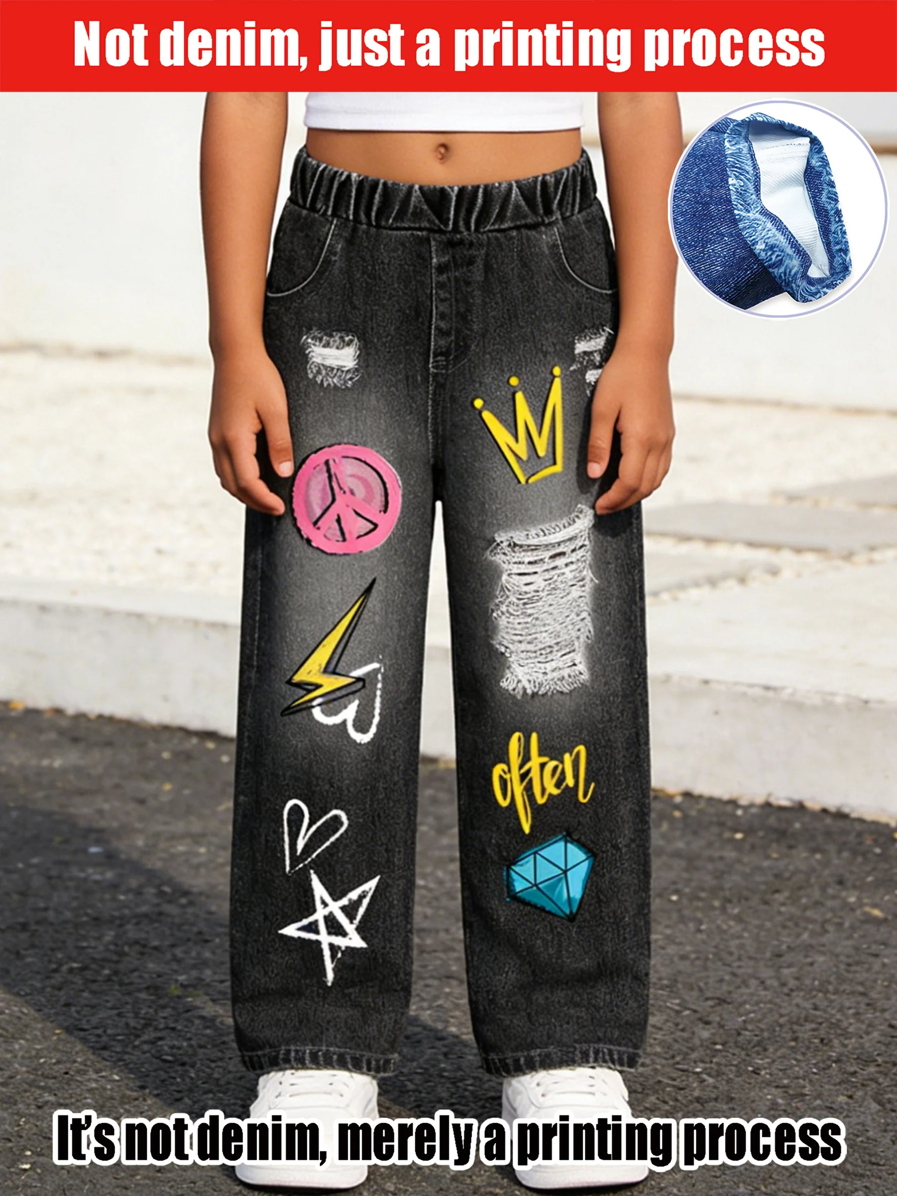 

Детские черные широкие брюки из искусственного денима 2026, старые и сломанные, милые и крутые.