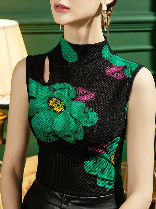 

Женский летний топ с вырезами и принтом, облегающий, дышащий, повседневный, модный, с высоким воротником