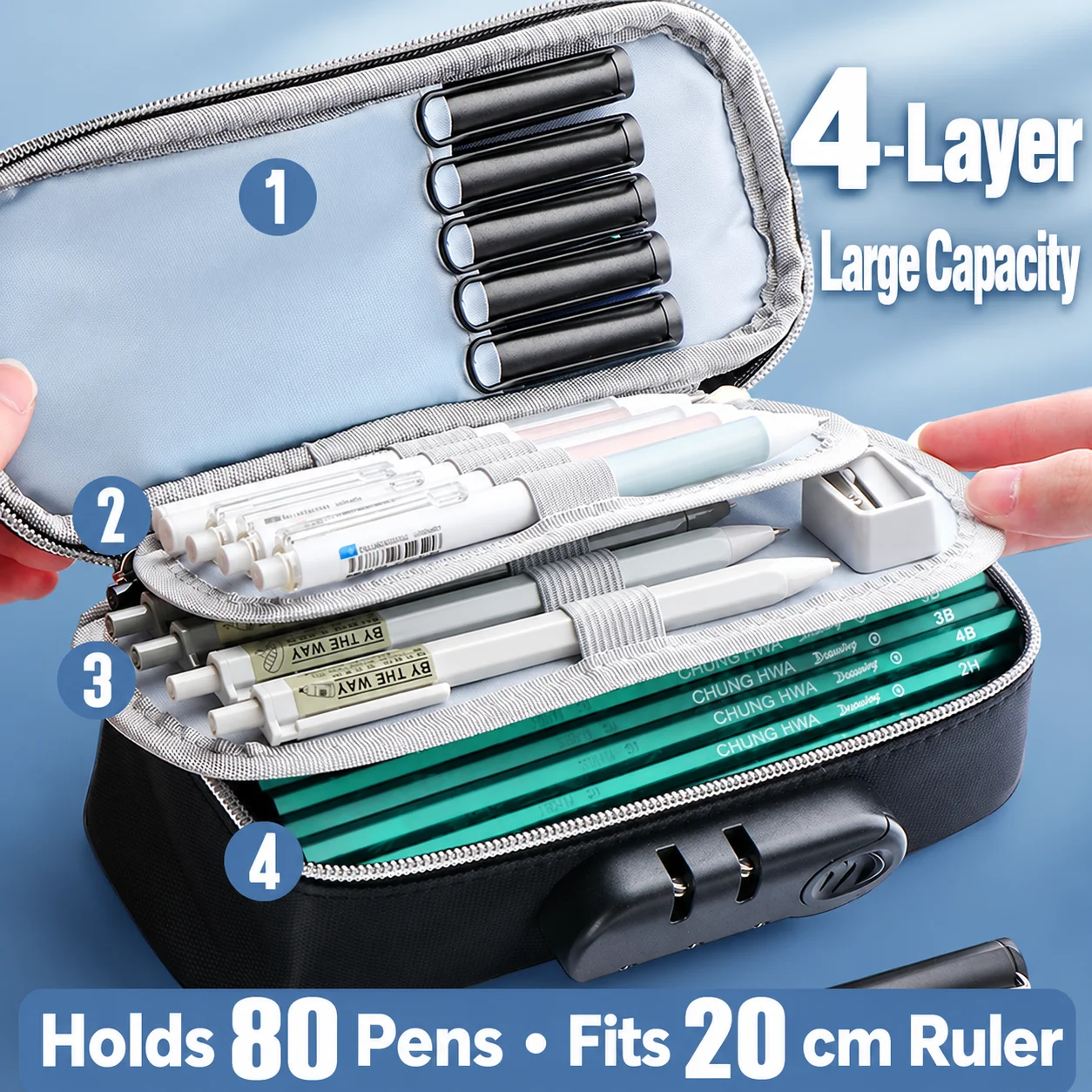 Password Lock Pencil Case Large Capacity, Waterproof Pen Organizer Bag with Multiple Compartments, Portable School Stationery St