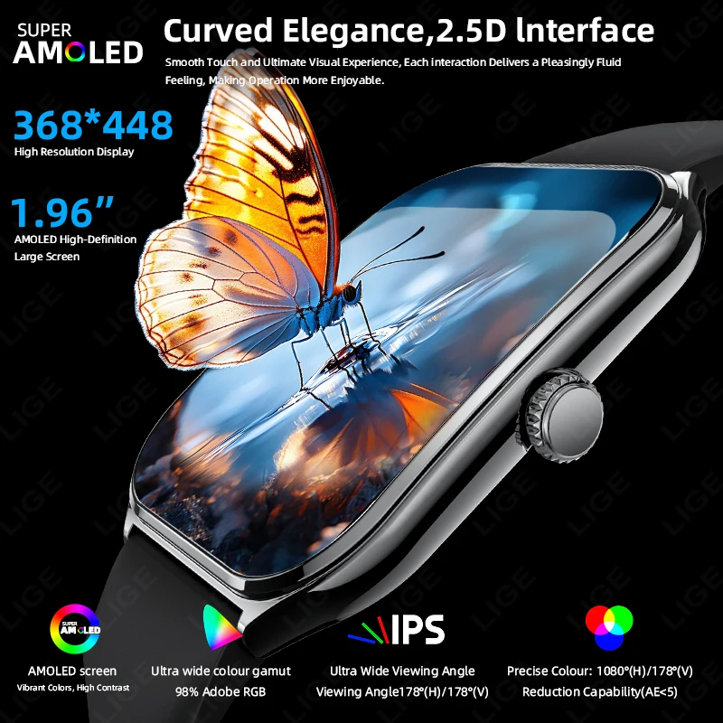 LIGE ساعة ذكية جديدة رفيعة للغاية للرجال 1.96 بوصة AMOLED 368*448 عرض دائمًا توقيت مكالمة بلوتوث ساعة ذكية للسيدات لهواوي