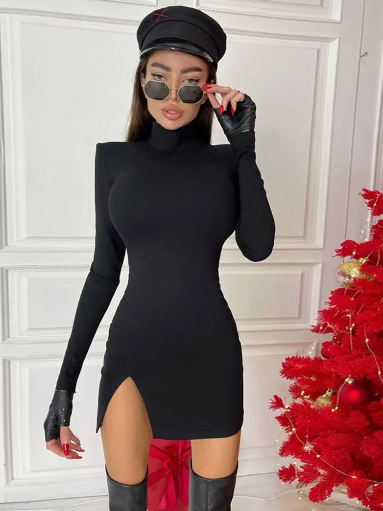 Women Spring Autumn Long Sleeve Bodycon Soild Color Black Slim Package Hip Mini Dress Female Clothing Streetwear