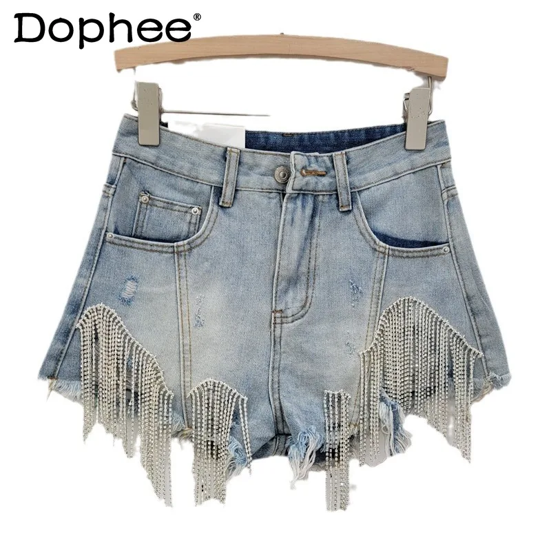 Street Style Tassel Chain Denim Shorts 2024 Summer New High Waist Slimming Sexy Girl Exquisite Rhinestone Irregular Shorts Women