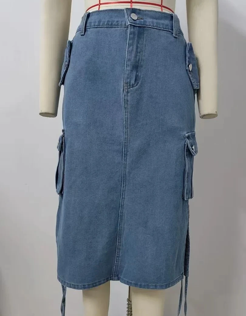 

2026 Denim Long Skirt Women Streetwear Skirts Lace Up Elastic Waist Washed Distressed Multiple Pockets Y2k Vintage A Line