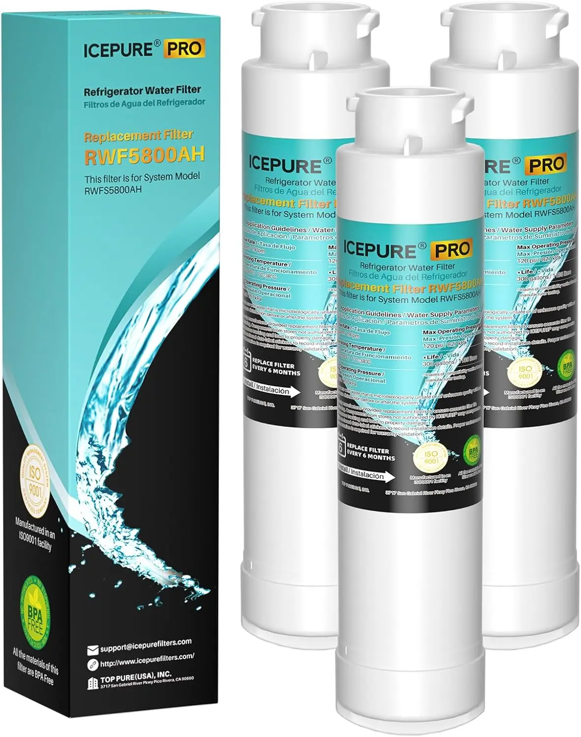 Refrigerator Water Filter Replacement, RWF5800AH Compatible with EPTWFU01 EWF02 SCWFTCTO GP006 MR022 JO22 BO022 DE022 TH-01 1007, 3-Pack