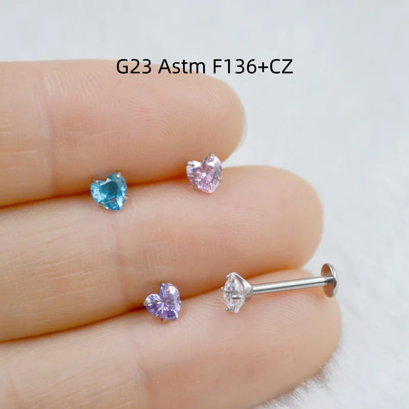 LOT50pcs G23 Titanium F136 Piercing Body Jewelry Heart CZ  Lip Labret Ring Studs Ear Helix Tragus Cartilage Bar