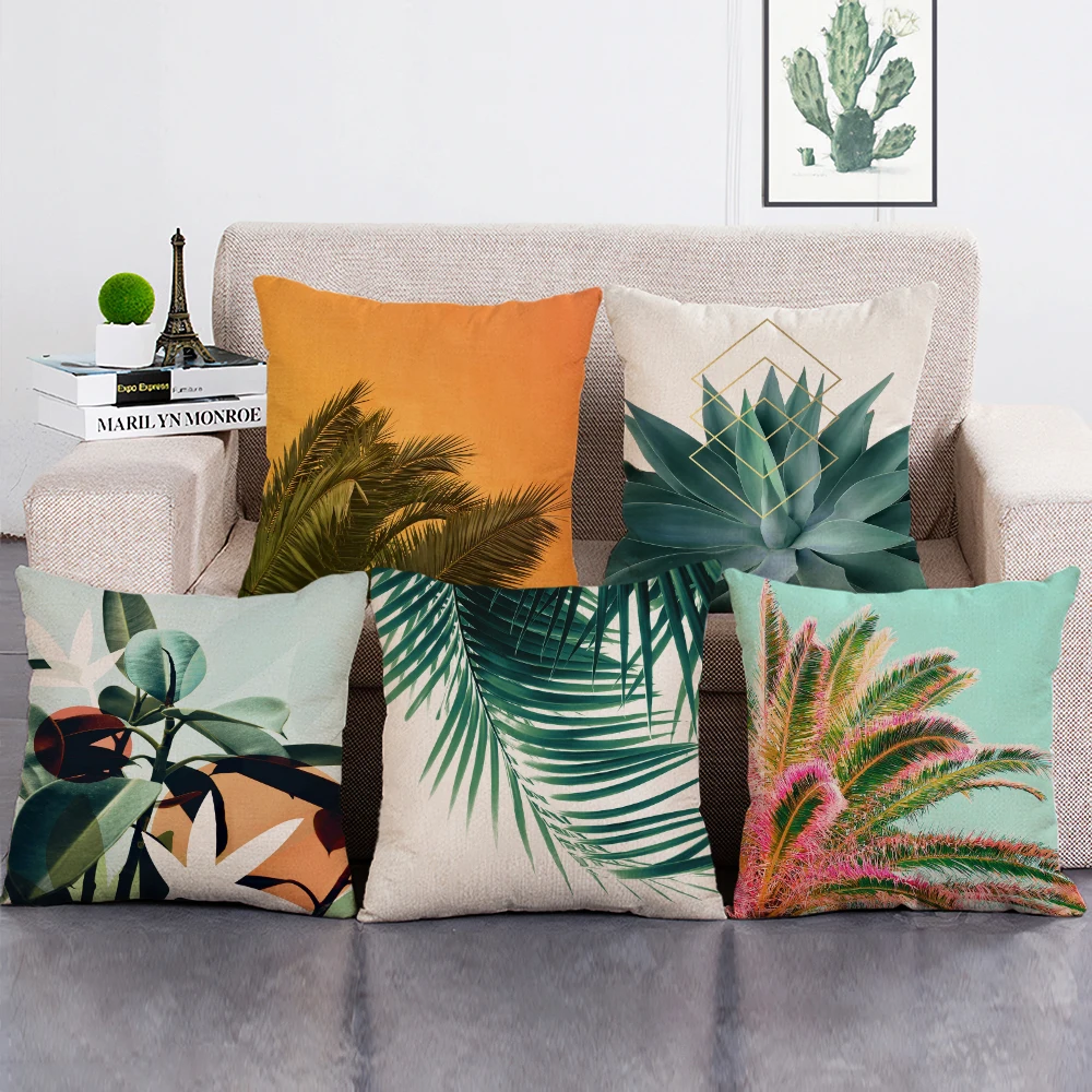 

Plant Print Cushion Cover Tropical Jungle Green Leaves Home Sofa Decorative Pillowcase Custom Throw Pillows Case