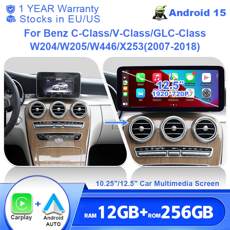Aycetry 8 Core Android 15 Auto Wireless Carplay Car Radio Stereo 1920*720P Screen 2DIN For Mercedes Benz GLC/V/X C Class W204 S204 W205 X253 W446 2007-2018 NTG 4.0 4.5 5.0 Bluetooth Multimedia Player Navigation Autoradio WIFI 4G BT