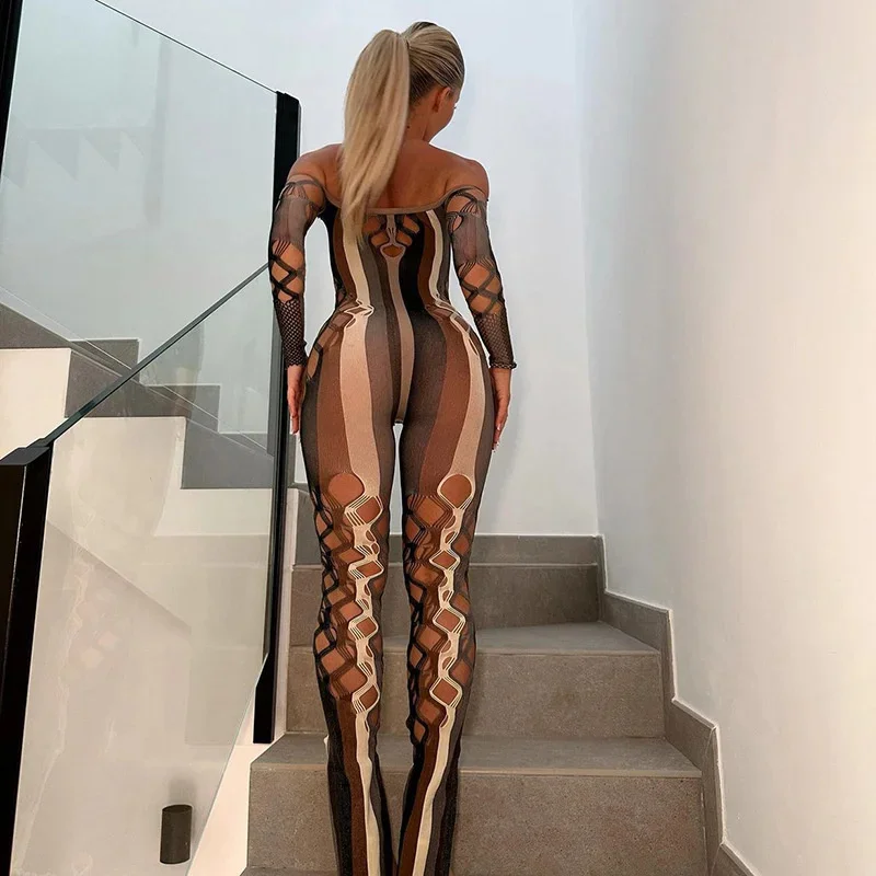 Women Striped Print Mesh Sexy Jumpsuit Hollow Out See Through Off Shoulder Long Sleeve Stretch Midnight Club 2025 New Clothes