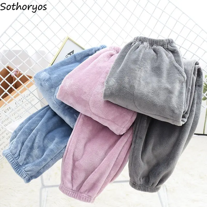 

Women Flannel Candy Color Sleep Bottoms Bundle Feet Warm Thick Lounge Wear Couples Solid Trousers Soft Ulzzang Cozy Sleepwear