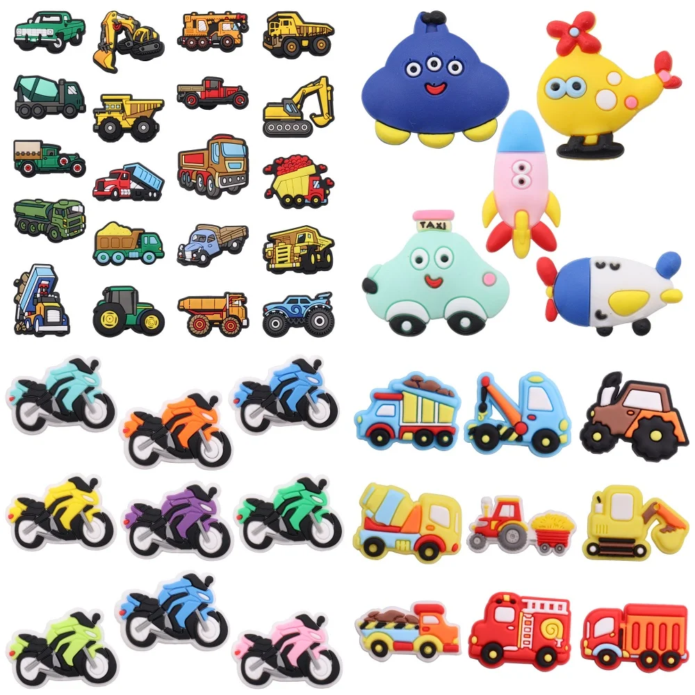 5-20PCS Vehicles Motorcycle Engineering Car Rocket Taxi Plane PVC Shoe Charms For Clogs Pin Sandals Shoes Accessories Decoration