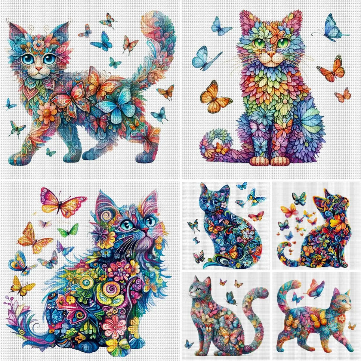 Buntes Blumen-Katzen-Kreuzstich-Set zum Selbermachen, 11CT-Stickerei, Heimwanddekoration, Geschenk, handgefertigtes Material, rahmenlos, halbfertig, 46 x 46 cm