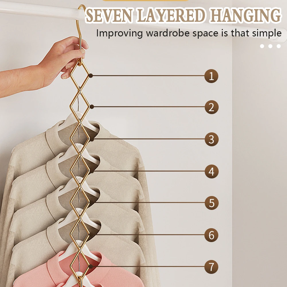 1-5PCS Gold Stainless Steel 7-Hole Hangers,Household Saving Space Closet Organizer for Closet,Magic Cascading Clothing Hanger