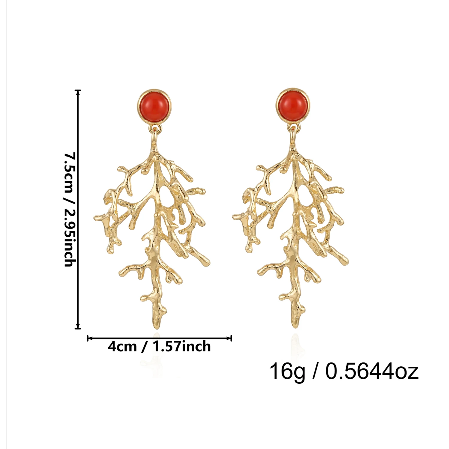 Boho Goldfarbene Korallenzweig-Ohrringe für Frauen Elegante 3D-Strukturierte Rote Akzente Hängeohrringe Sommer Künstlerischer Schmuck Geschenk – Detail 13