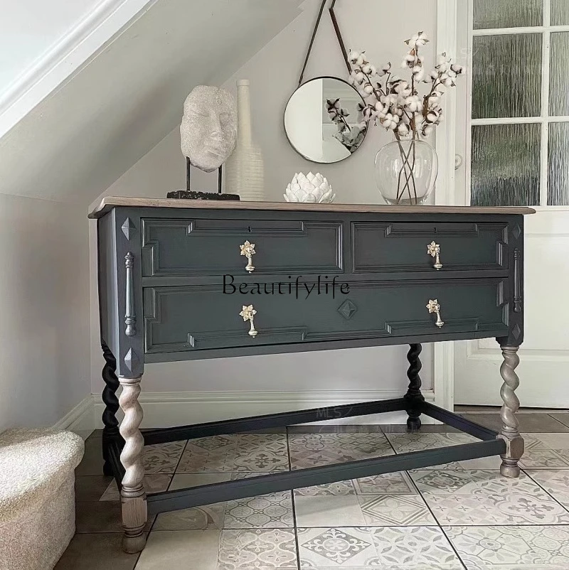 

04*American rural solid wood carving porch cabinet French retro black art mortise and tenon structure