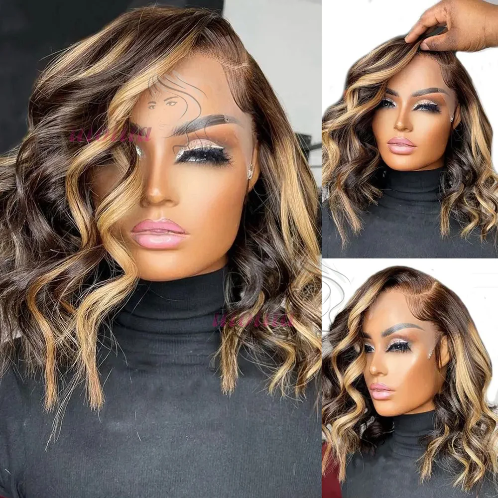 

Highlight Bob Wig Perruques Bob Court Cheveux Humains Body Wave Bob Wig Human Hair Ombre Colored Wig Wet AndWavy T Part Lace Wig