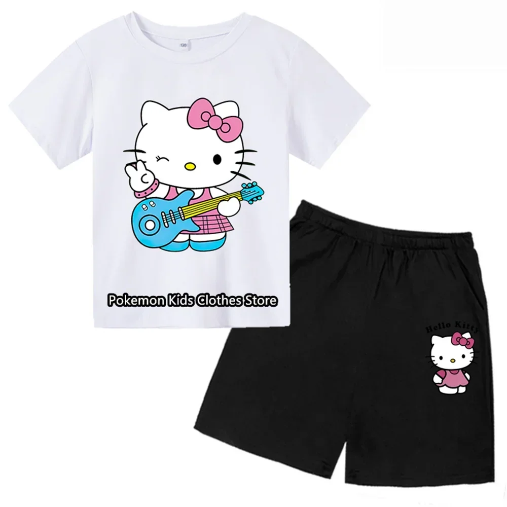 New Kawaii Hello Kitty Tshirt Kids Cute Stitch Clothes Sonic Funny Girls T-shirts Cartoon Baby Boys T Shirt Set Children Shorts