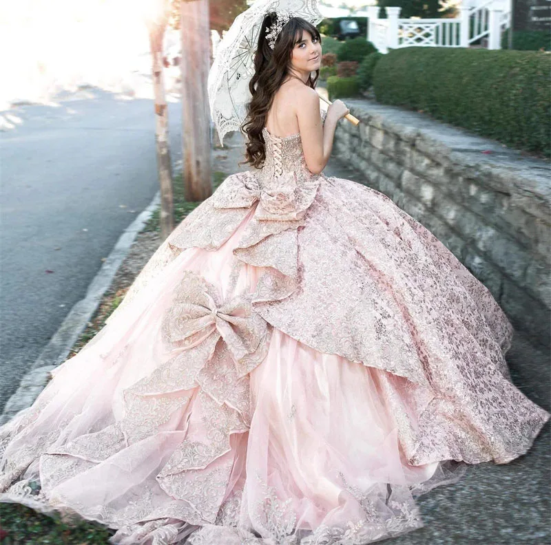 Lorencia Mexican Pink Quinceanera Dress Ball Gown With Jacket Appliques Beading Bow Sweet 16 Dress Vestidos XV 15 Años YQD466