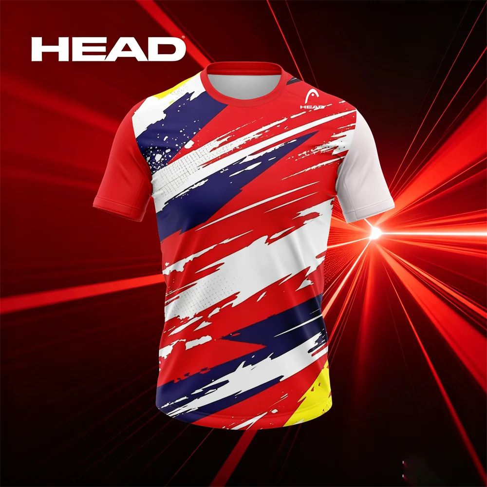 HEAD Sports T-Shirt Red White Navy Blue Brush Stroke Print Short Sleeve Tennis Training Shirt