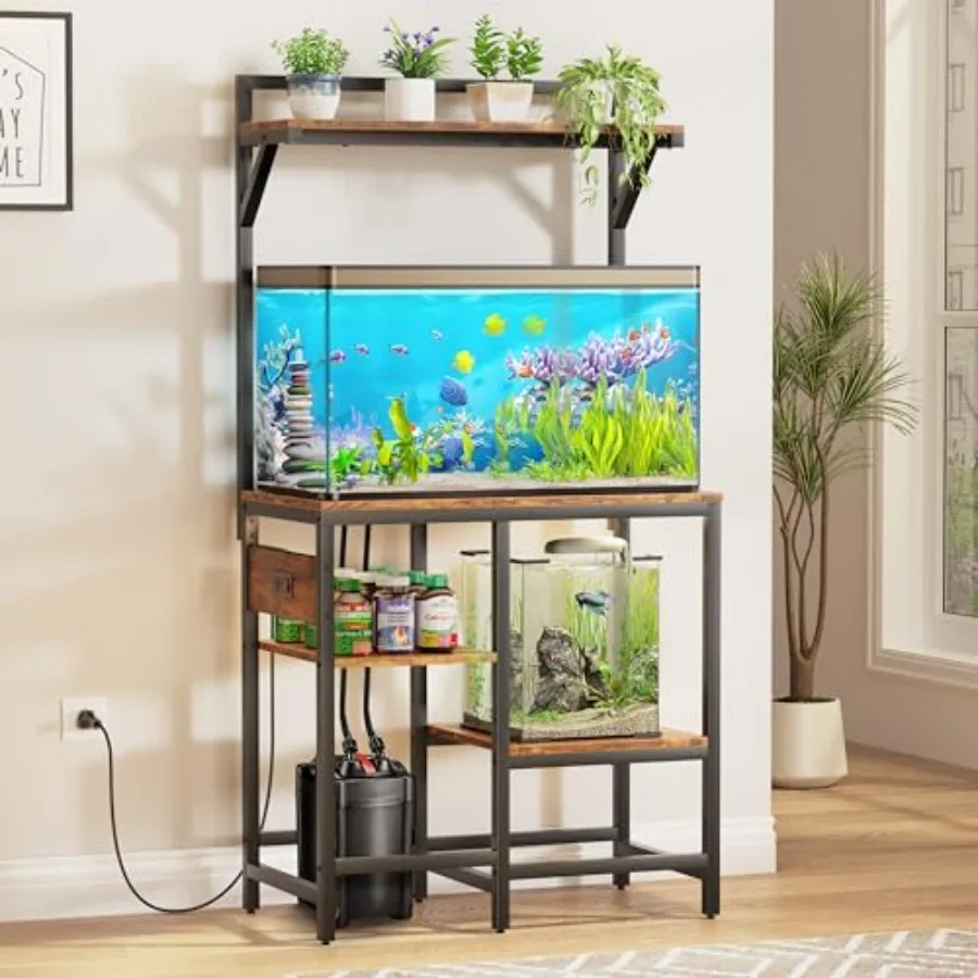 

20-29 Gallon Fish Tank Stand with Power Outlet Heavy-Duty Reptile Terrarium Stand Table with 6-Leg Support and 4-Tier Adjustabl
