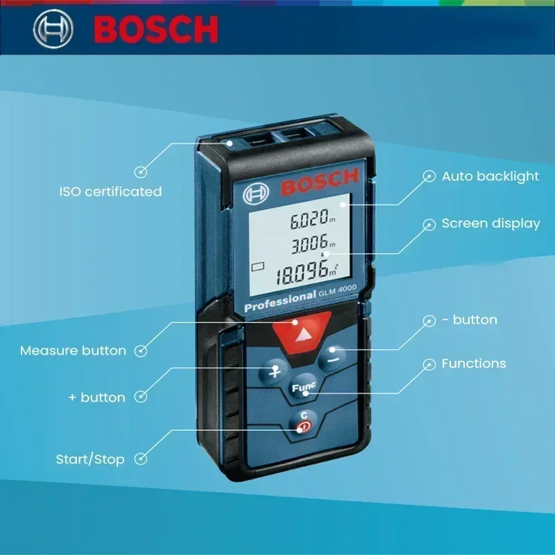 Imagem -03 - Bosch-glm 4000 Laser Range Finer Fita Medida Digital 40m Distância Medidor Rangefinder Medida Régua Instrumento de Medição