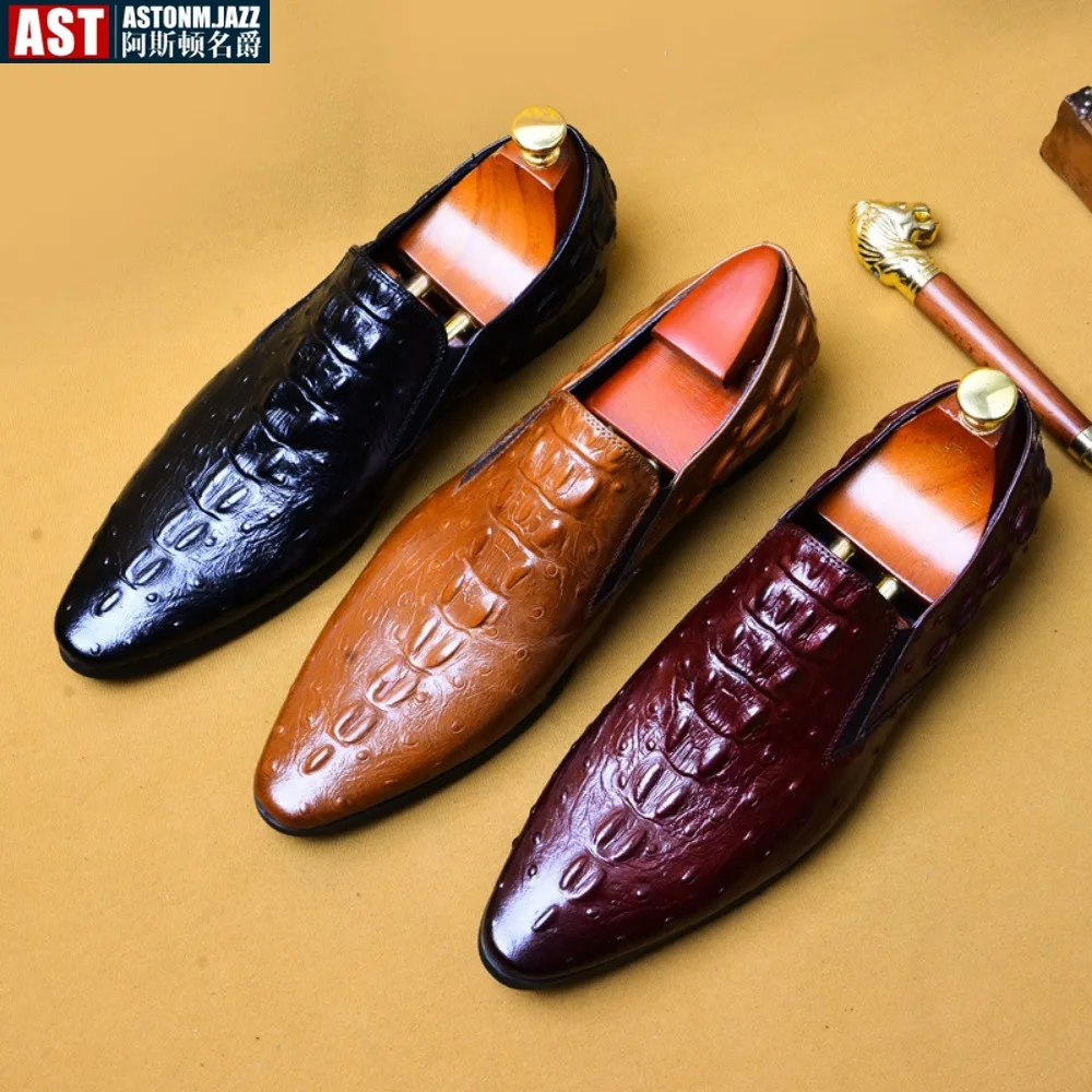 

Italian Moccasins Crocodile Print Men Loafers Classic Original Derbies Shoe Pointed Toe Dress Leather Shoe Slip-On Wedding Shoes