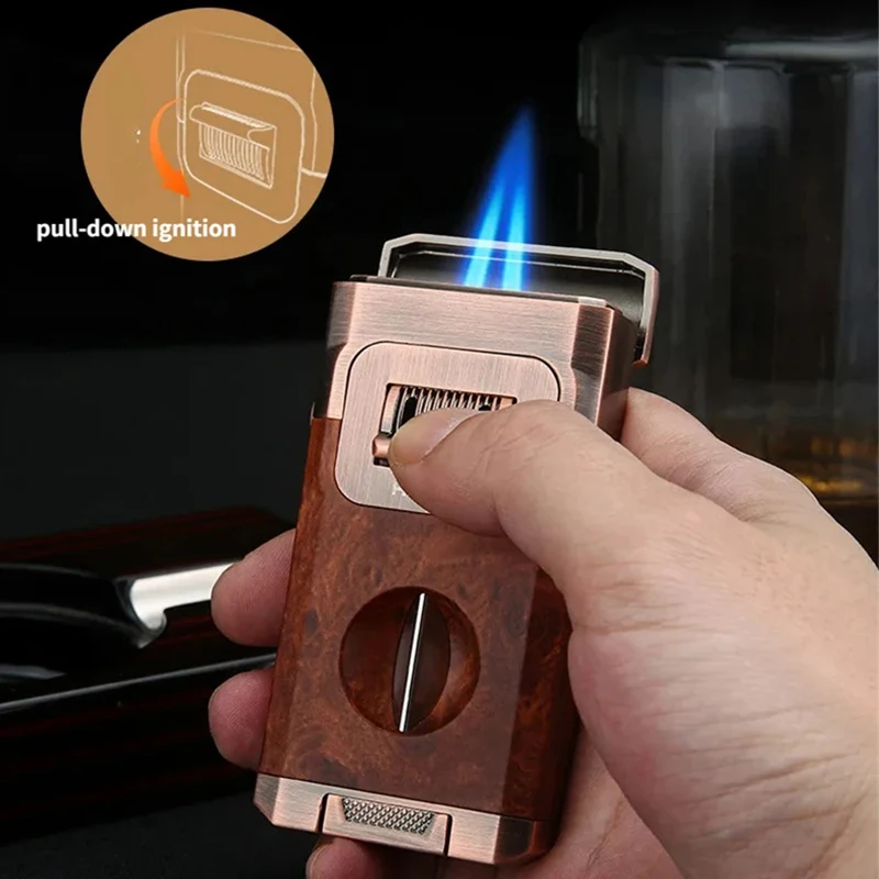Luxury Cigar Cutter Dual Flame Lighter Direct Jet Blue Fire Inflatable Butane Gas Torch Lighter for Men Gift Smoking Accessories