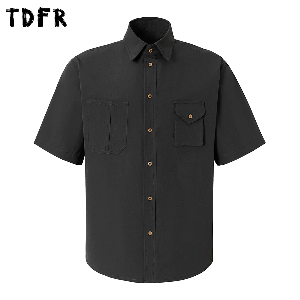 Pocket Solid Color Short Sleeve Shirts Mens Summer Retro Cargo Loose Lapel Single Breasted Half-Sleeve Shirts Man