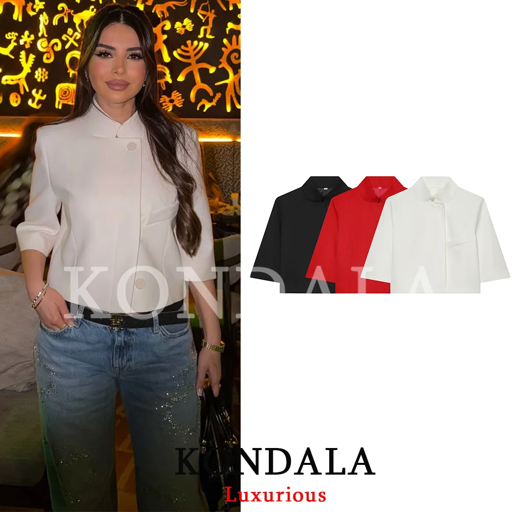 KONDALA Streetwear Chic Women Short Sleeve Blazer Casual Stand Collar Short Blazer Fashion 2026 Summer Holiday Office Blazer